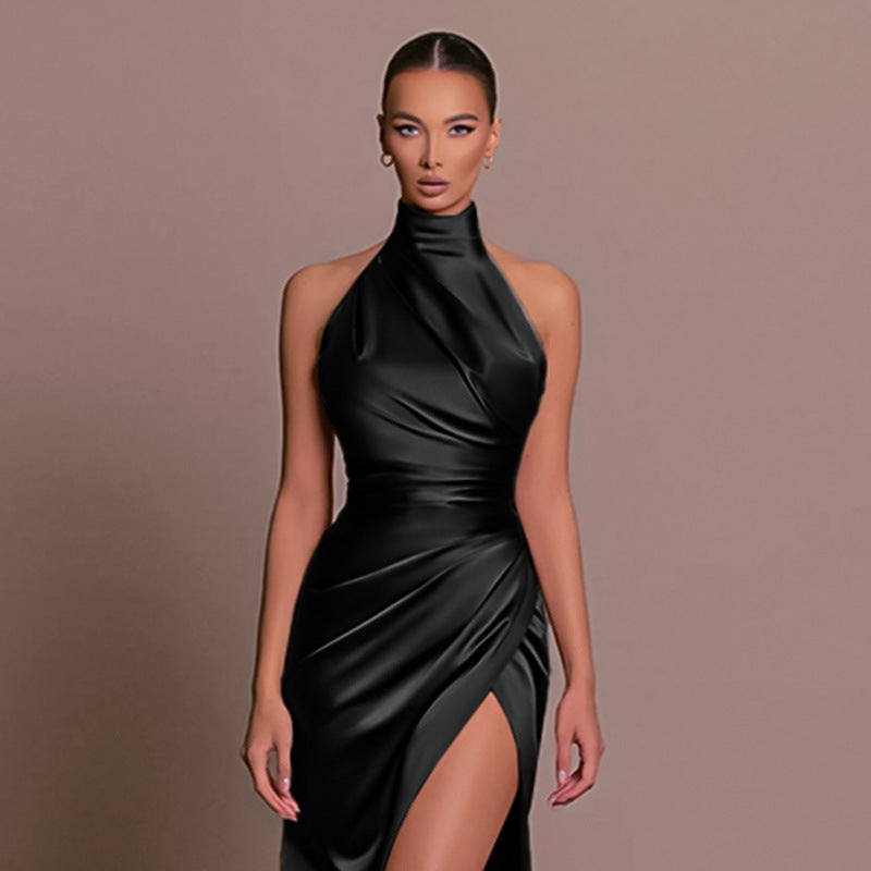 Satin Halter Neck Ruched Wrap High Split Maxi Gown - View 4