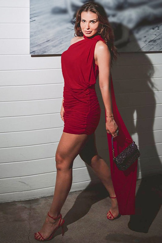 Halter High Neck Draped Ruched Bodycon Cocktail Mini Dress - View 11