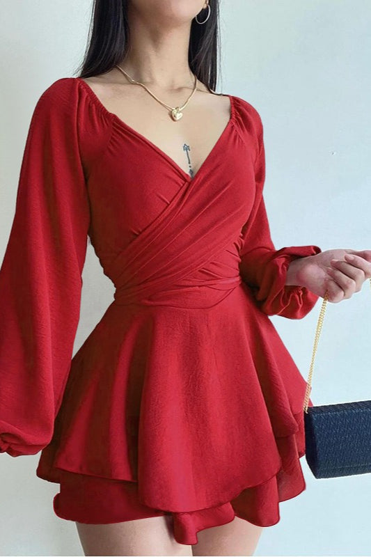 Deep V-Neck Wrap Ruched Balloon Sleeve Tiered Mini Cocktail Dress - View 4