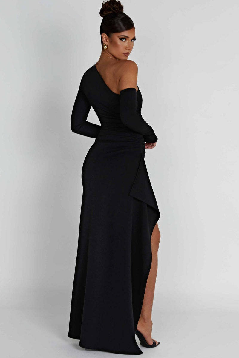 One Shoulder Long Sleeve Ruched High Split Mermaid Gown - View 5