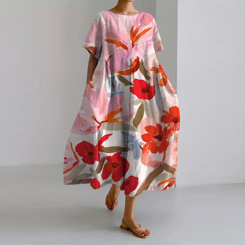 Floral Print Round Neck Short Sleeve Midi Dress 4