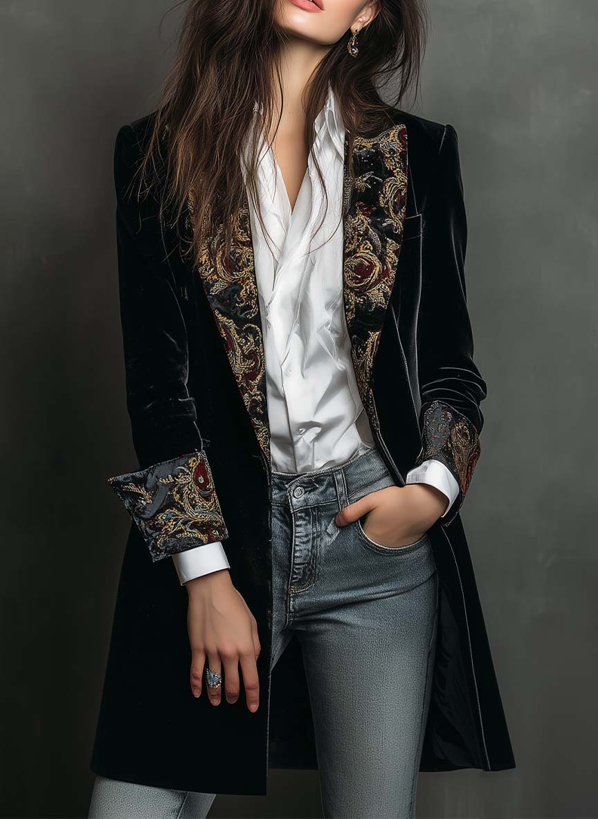 Baroque Brocade Lapel Velvet Look Longline Blazer