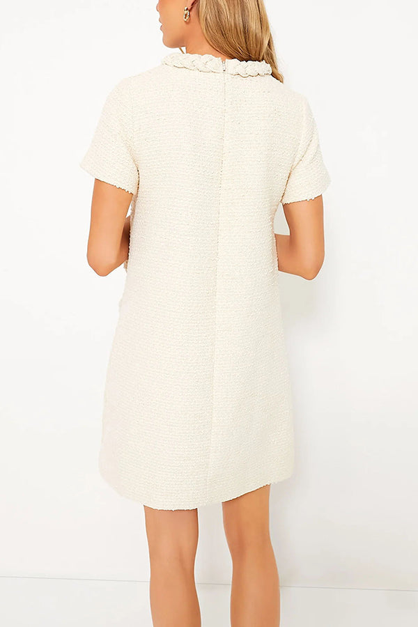 Tweed Braided Trim Faux Pocket Metallic Button Shift Mini Dress - View 10