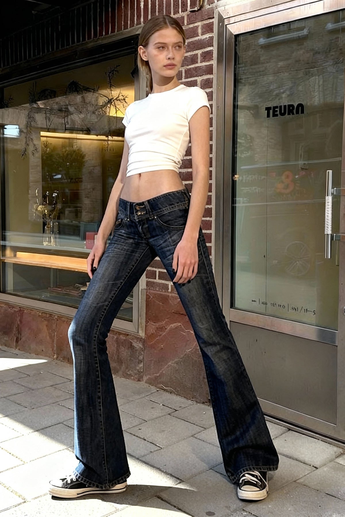 Low-Rise Vintage Washed Flared Denim Jeans