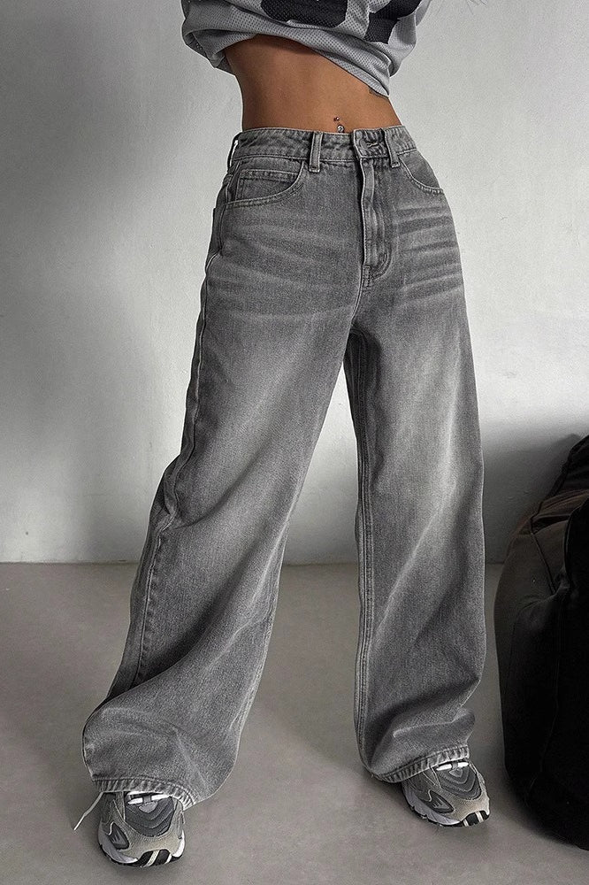 High-Waist Vintage Washed Straight-Leg Denim Jeans