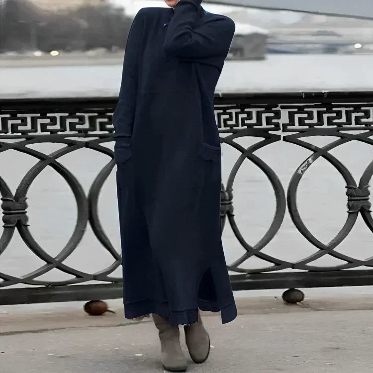 Knit Cowl Neck Long Sleeve Patch Pocket Side Slit Maxi Dress - View 6