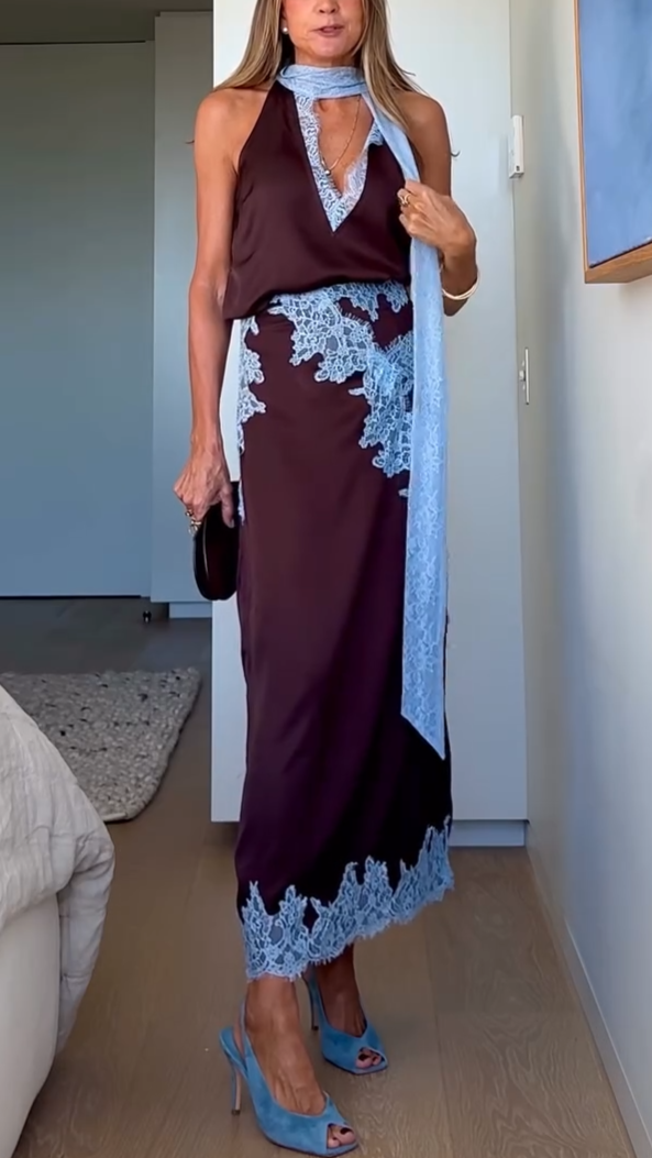Halter Neck Lace Trim Tie Detail Satin Maxi Dress 4