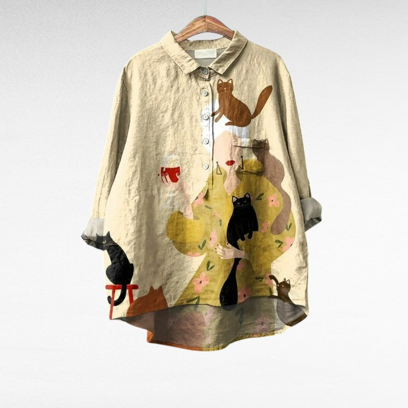 Cat Print Long Sleeve Button Front Beach Shirt 2