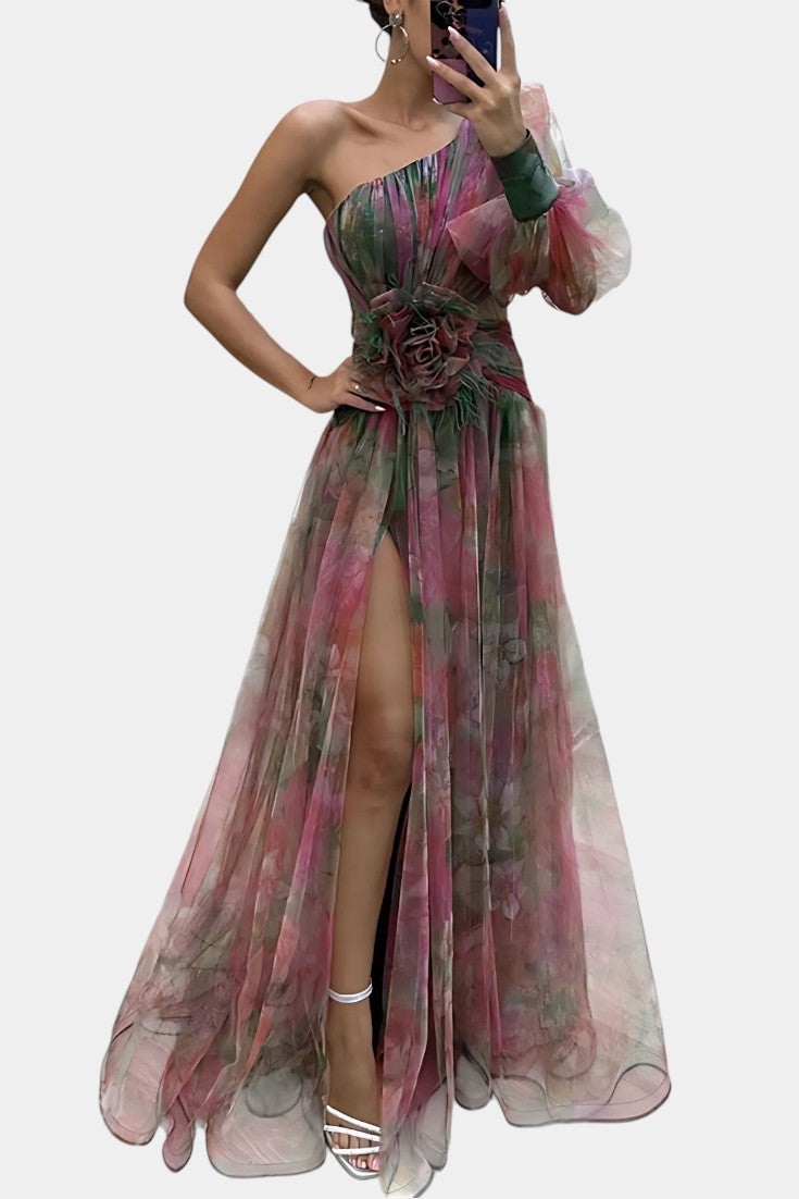 Floral One Shoulder Long Sleeve High Split Maxi Gown 9