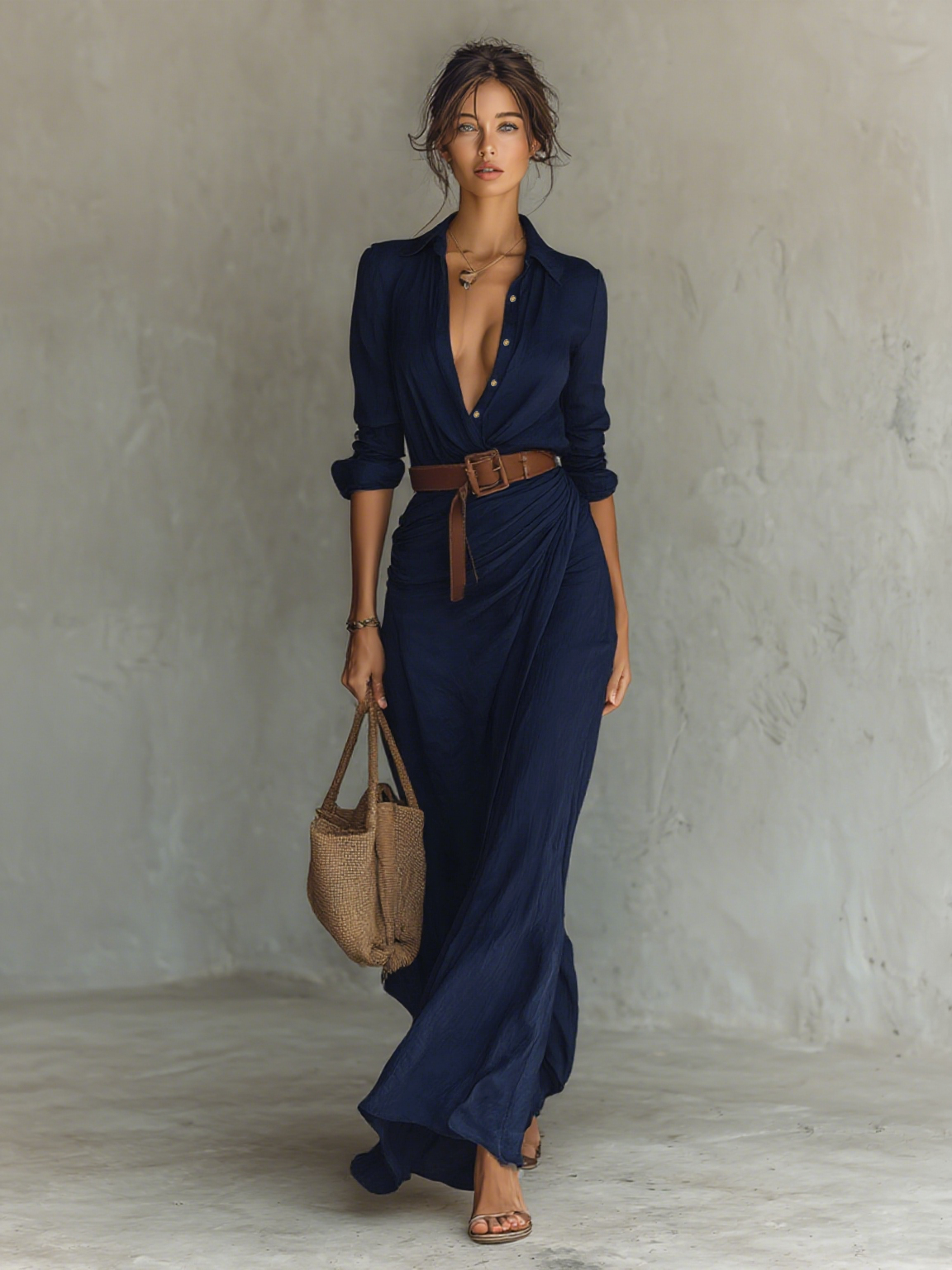 Collared Button Front Long Sleeve Ruched Wrap Maxi Shirt Dress 5