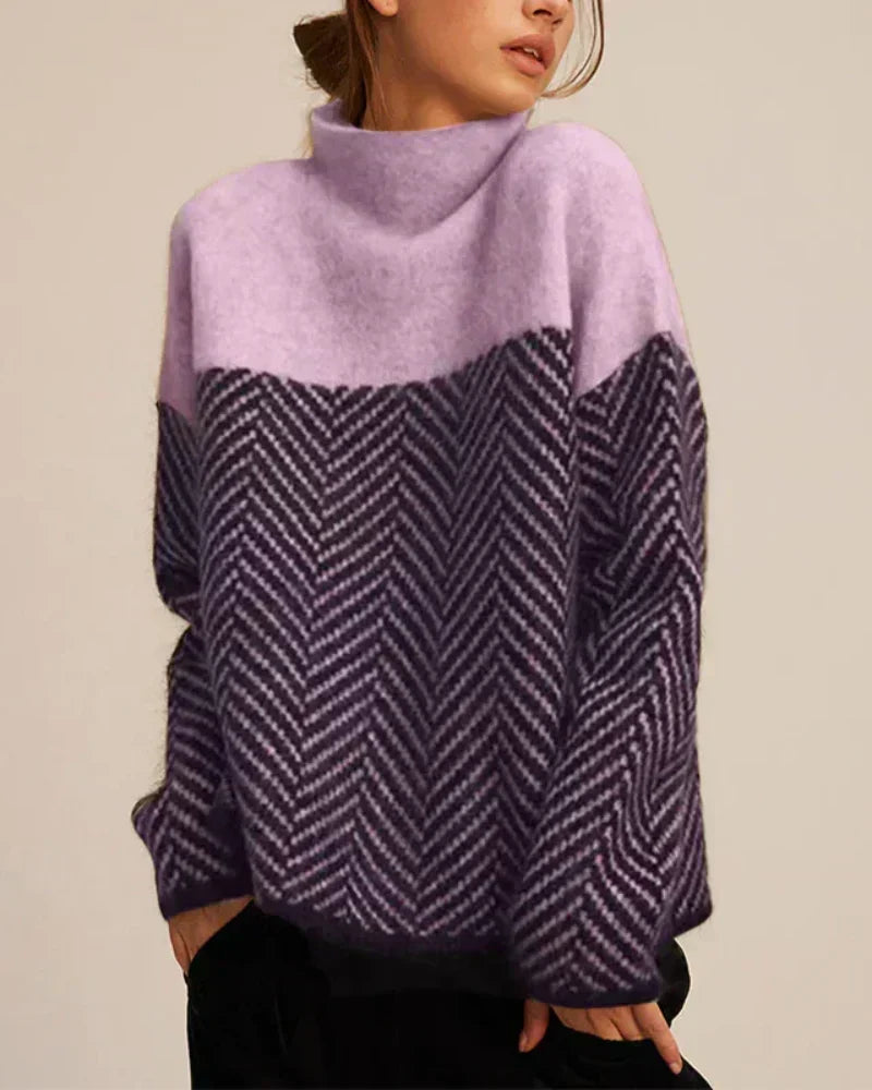 Turtleneck Herringbone Colorblock Oversized Sweater 6