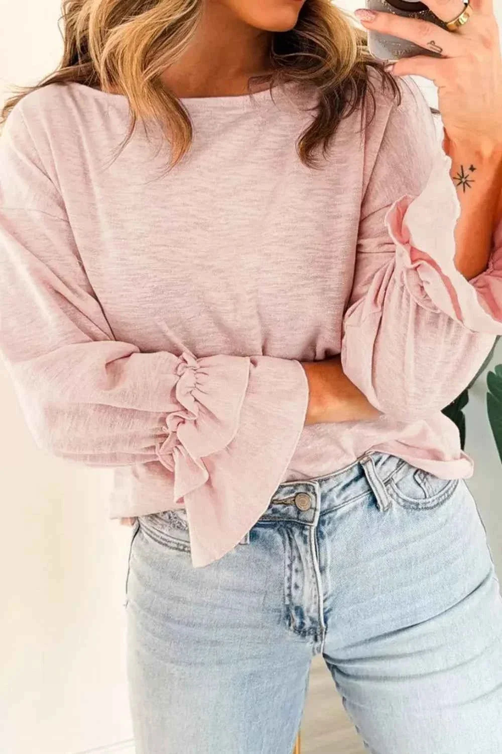 Long Sleeve Ruffle Cuff Casual Top