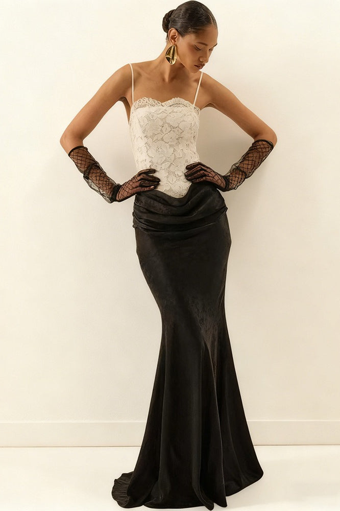 Lace Bustier Spaghetti Strap Satin Mermaid Dress