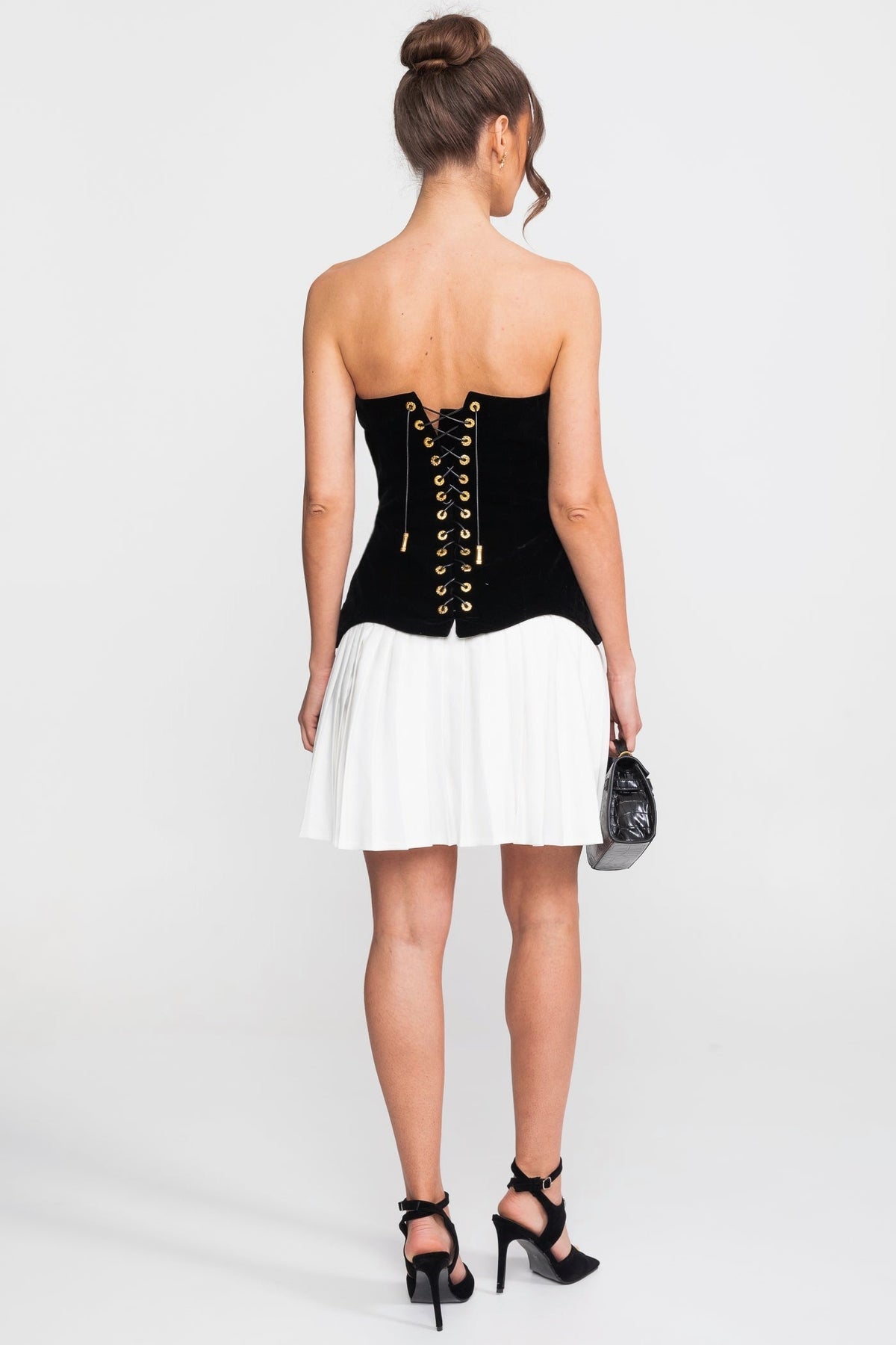 Strapless Velvet Mini Dress With Contrast Pleated Skirt - Black - View 3