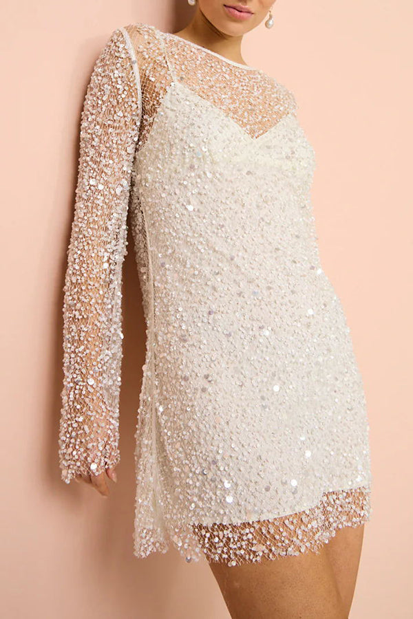 Sequin Pearl Long Sleeve Sheer Mini Dress - View 6