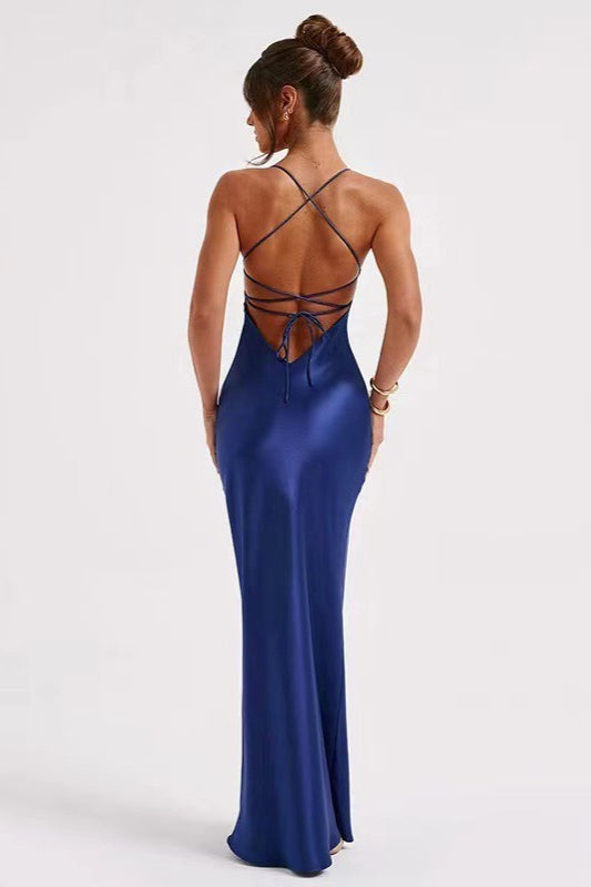 Satin Scoop Neck Spaghetti Strap Lace Up Back Bias Cut Slip Maxi Dress - View 6
