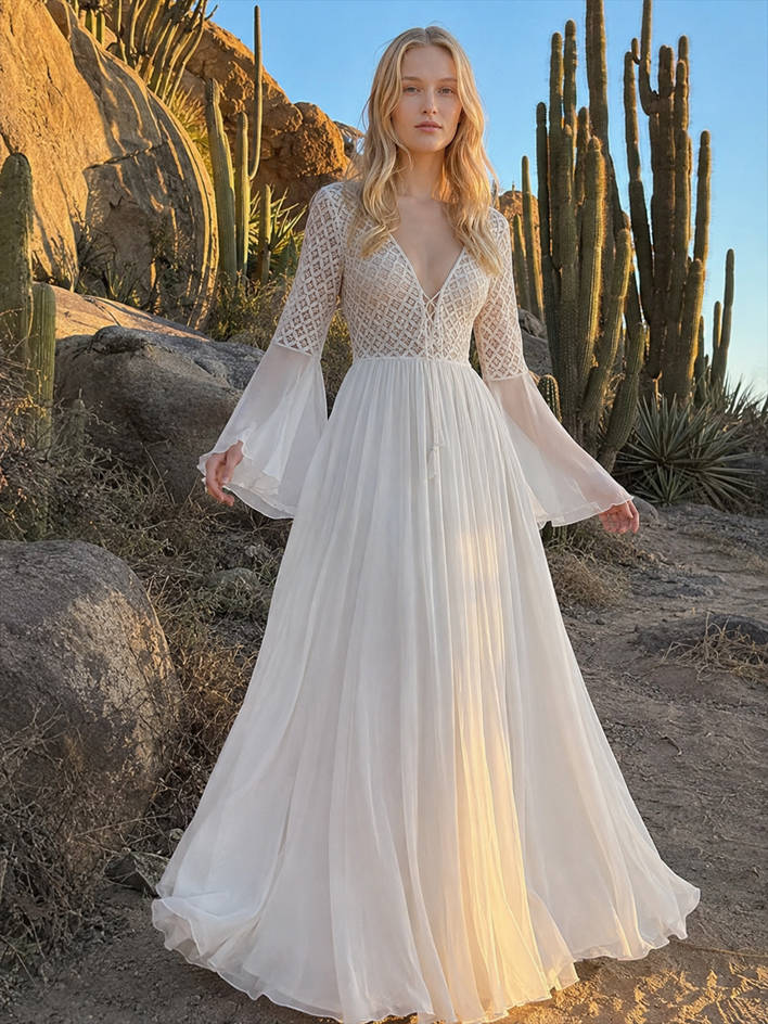 Deep V-Neck Bell Sleeve Crochet Lace Bodice Maxi Dress