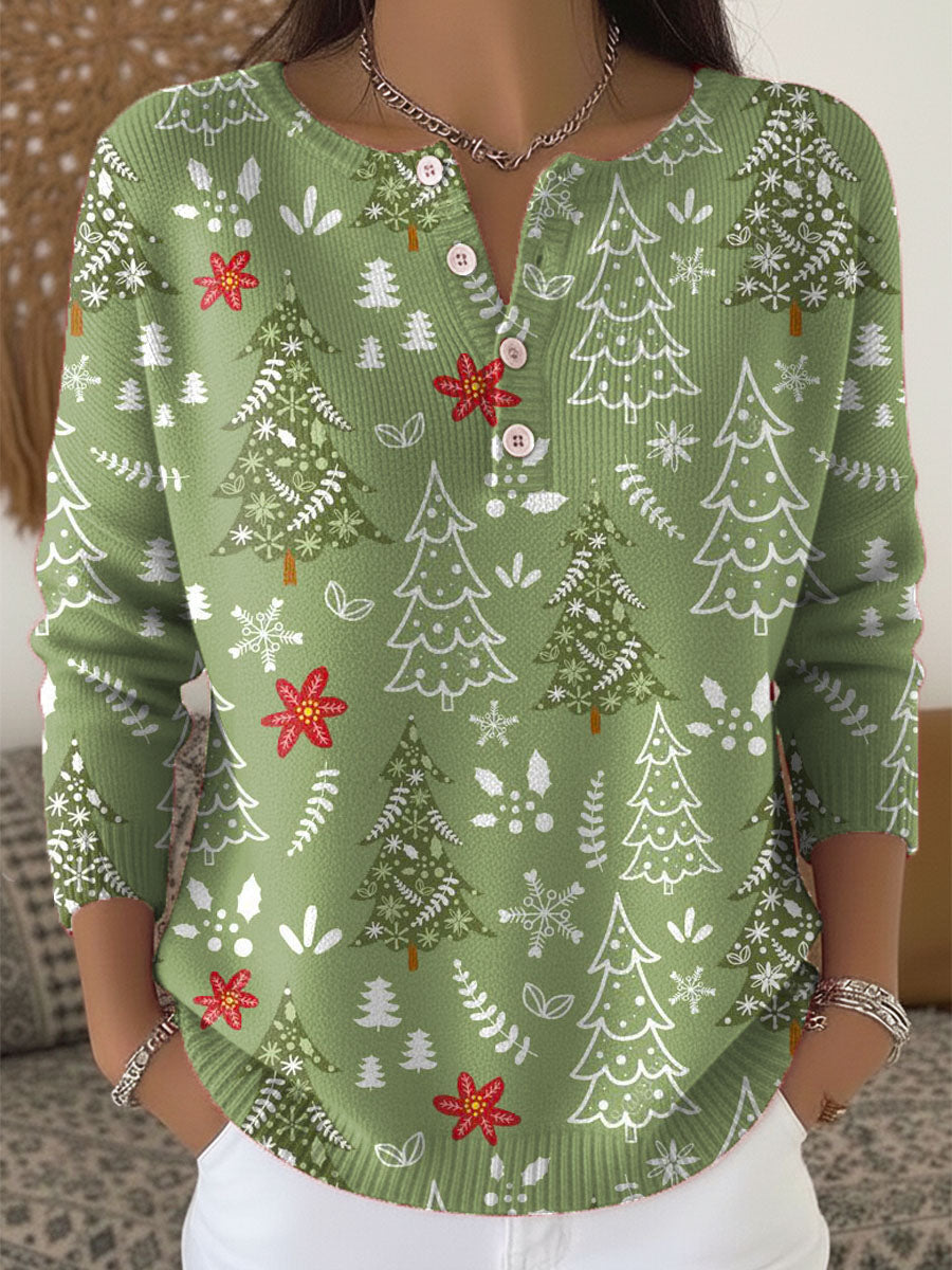 Christmas Tree Print Button Henley Waffle Knit Top