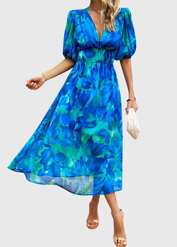Floral Print Deep V-Neck Puff Sleeve High Waist Maxi Dress 8
