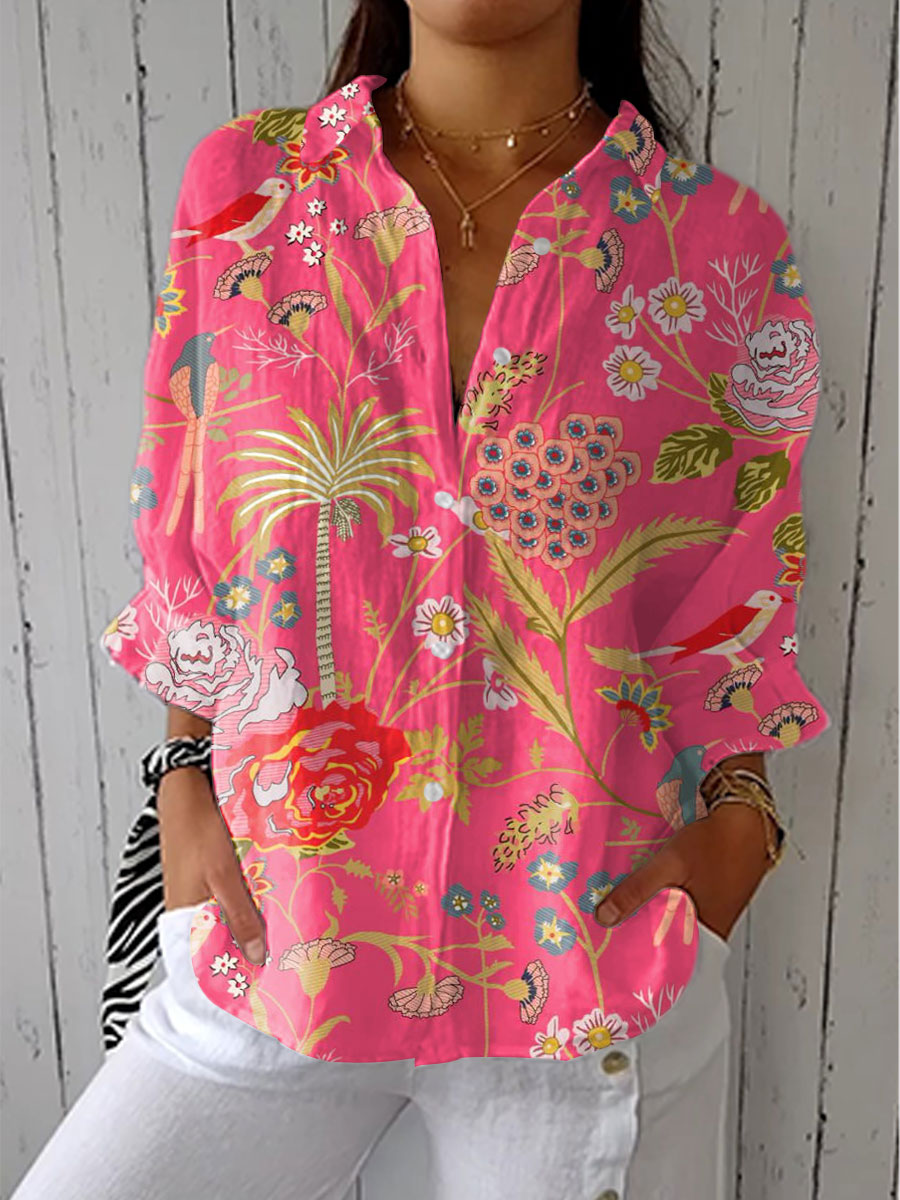 Tropical Floral Print Collared Button Up Blouse 2
