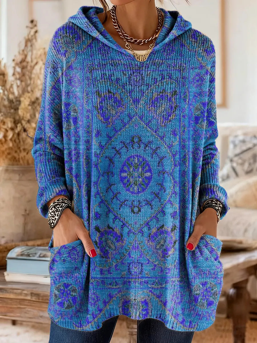 Medallion Print Hooded Oversized Tunic Sweater 9