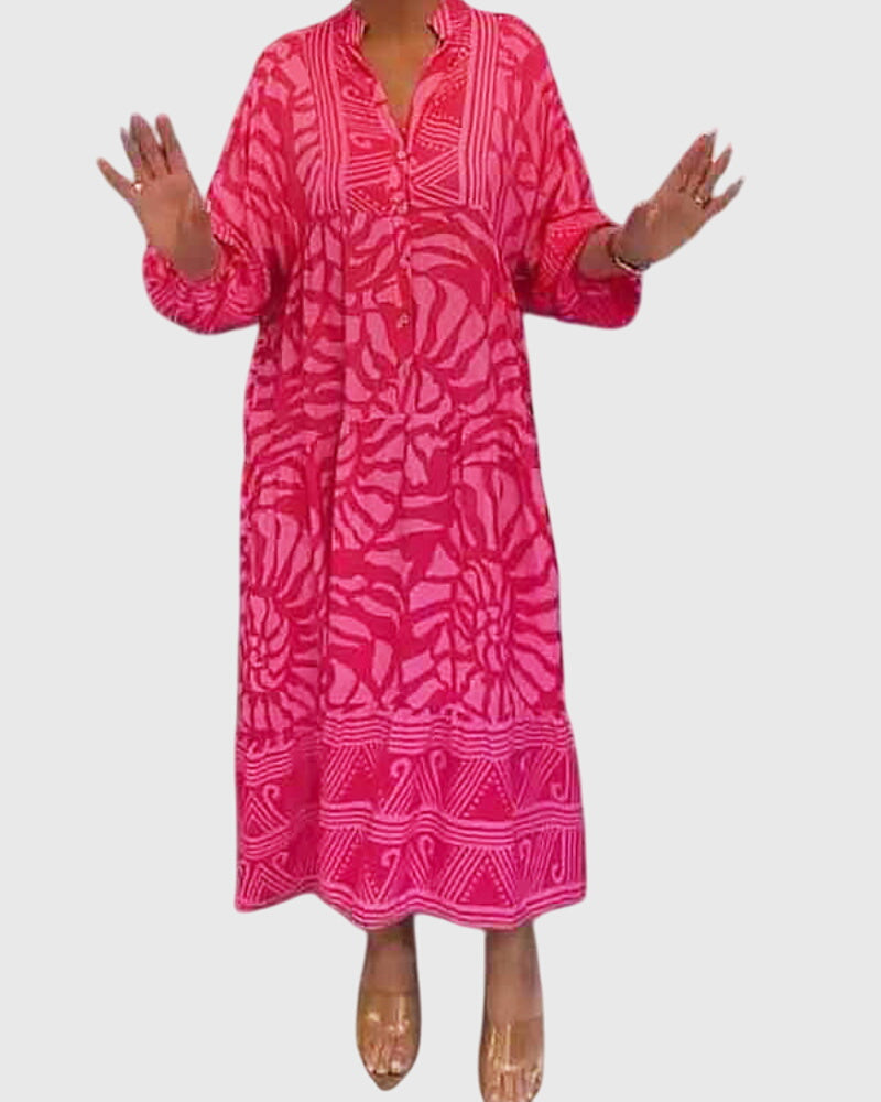 Abstract Print Button Front Long Sleeve Tiered Maxi Dress