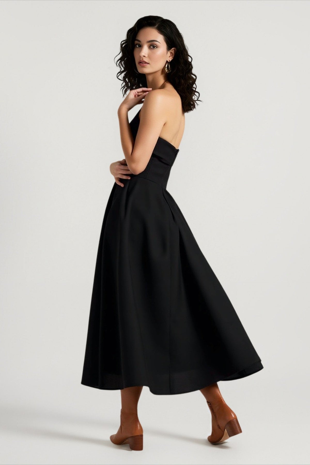 Strapless Fold Over Neck Pleated Fit and Flare Midi Cocktail Dress - View 13