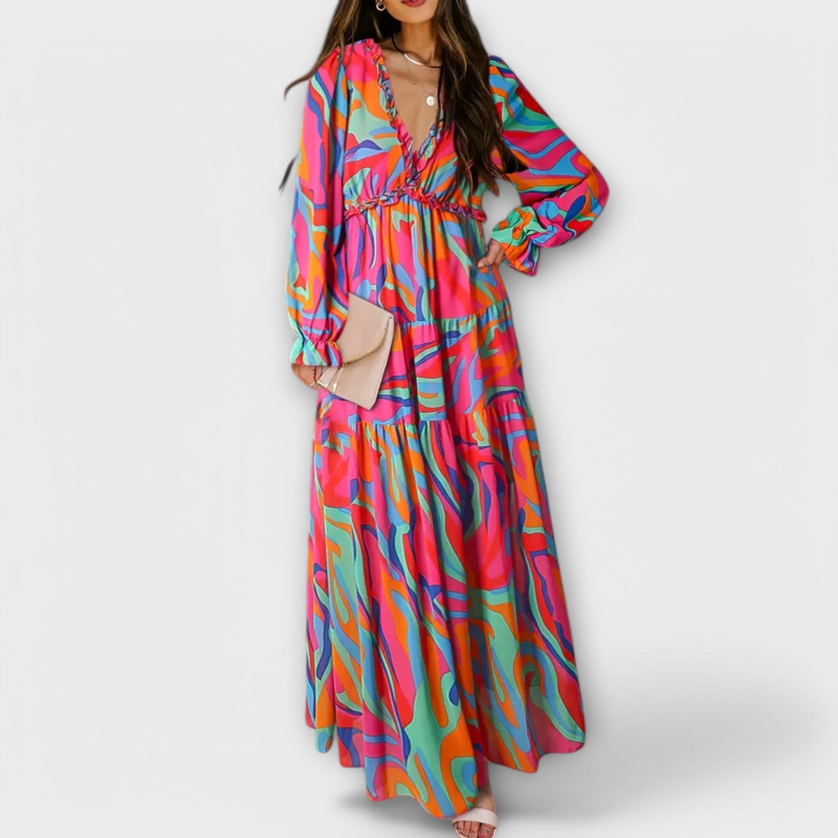 Floral V-Neck Long Sleeve Tiered Maxi Dress 8