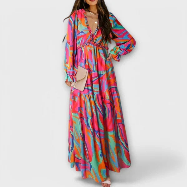 Floral V-Neck Long Sleeve Ruffle Tiered Boho Maxi Dress 5