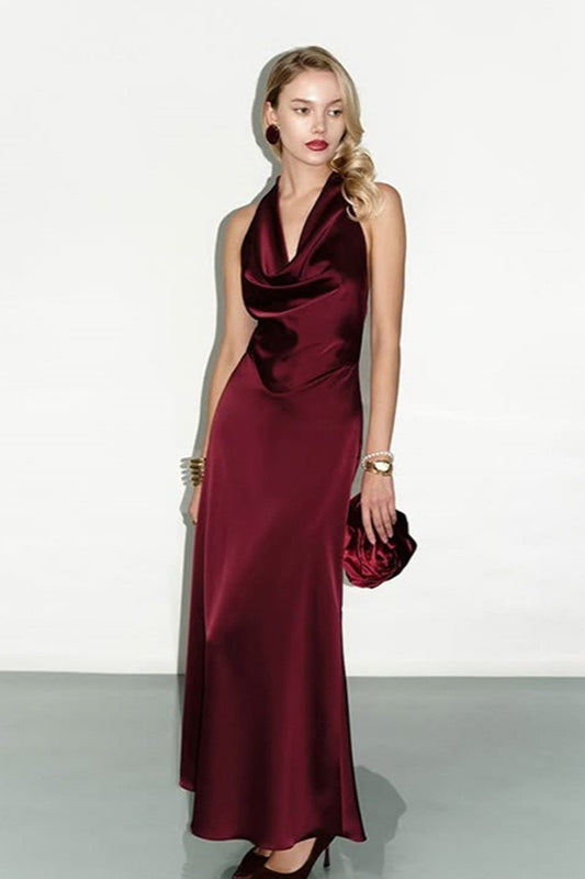 Satin Cowl Neck Halter Backless Bias Cut Slip Maxi Dress