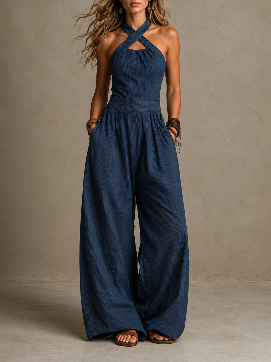 Halter Cross Front Pleated Wide Leg Jumpsuit 3