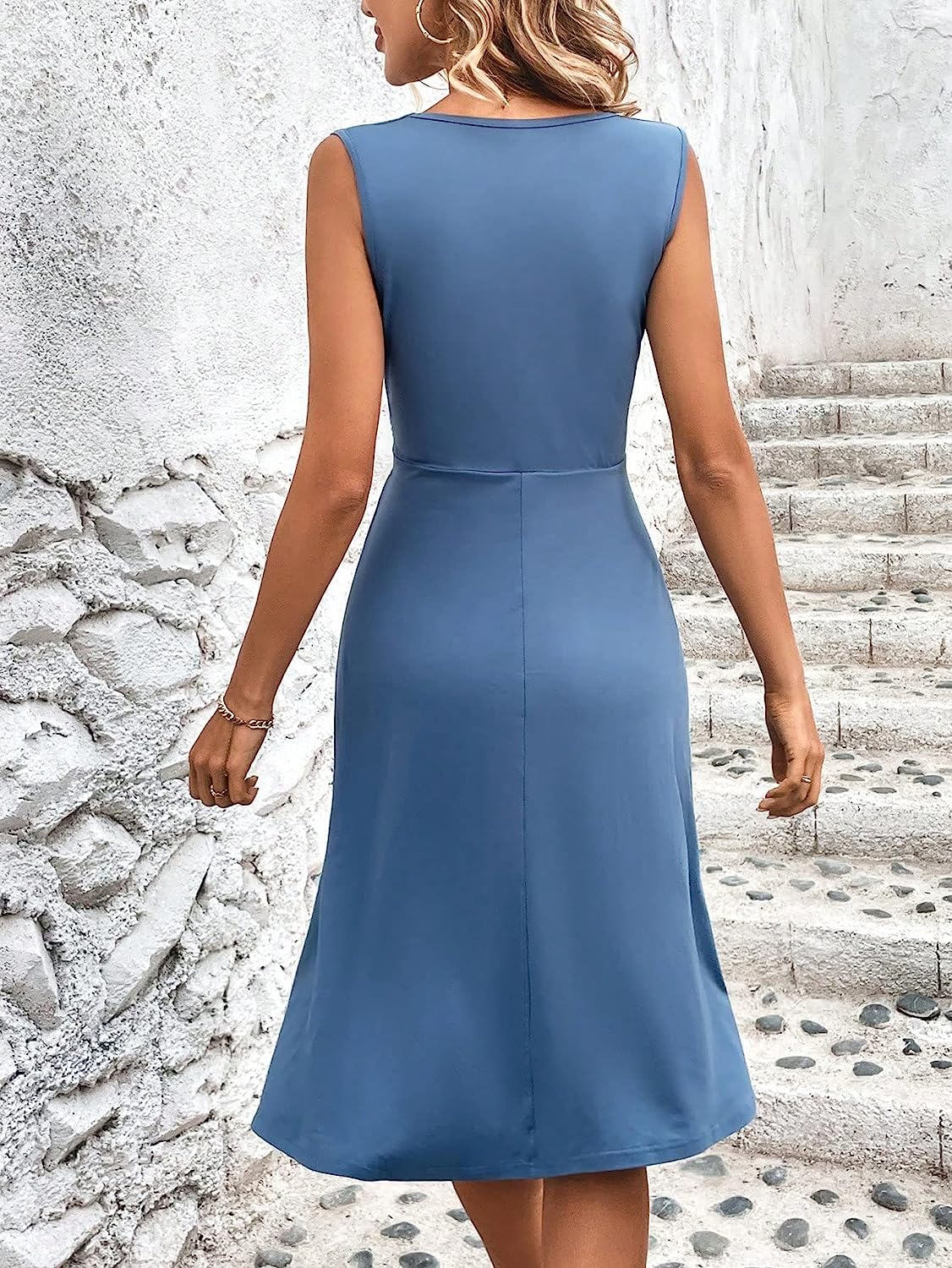 Sleeveless Deep V-Neck Wrap Pleated Waist A-Line Cocktail Midi Dress - View 4