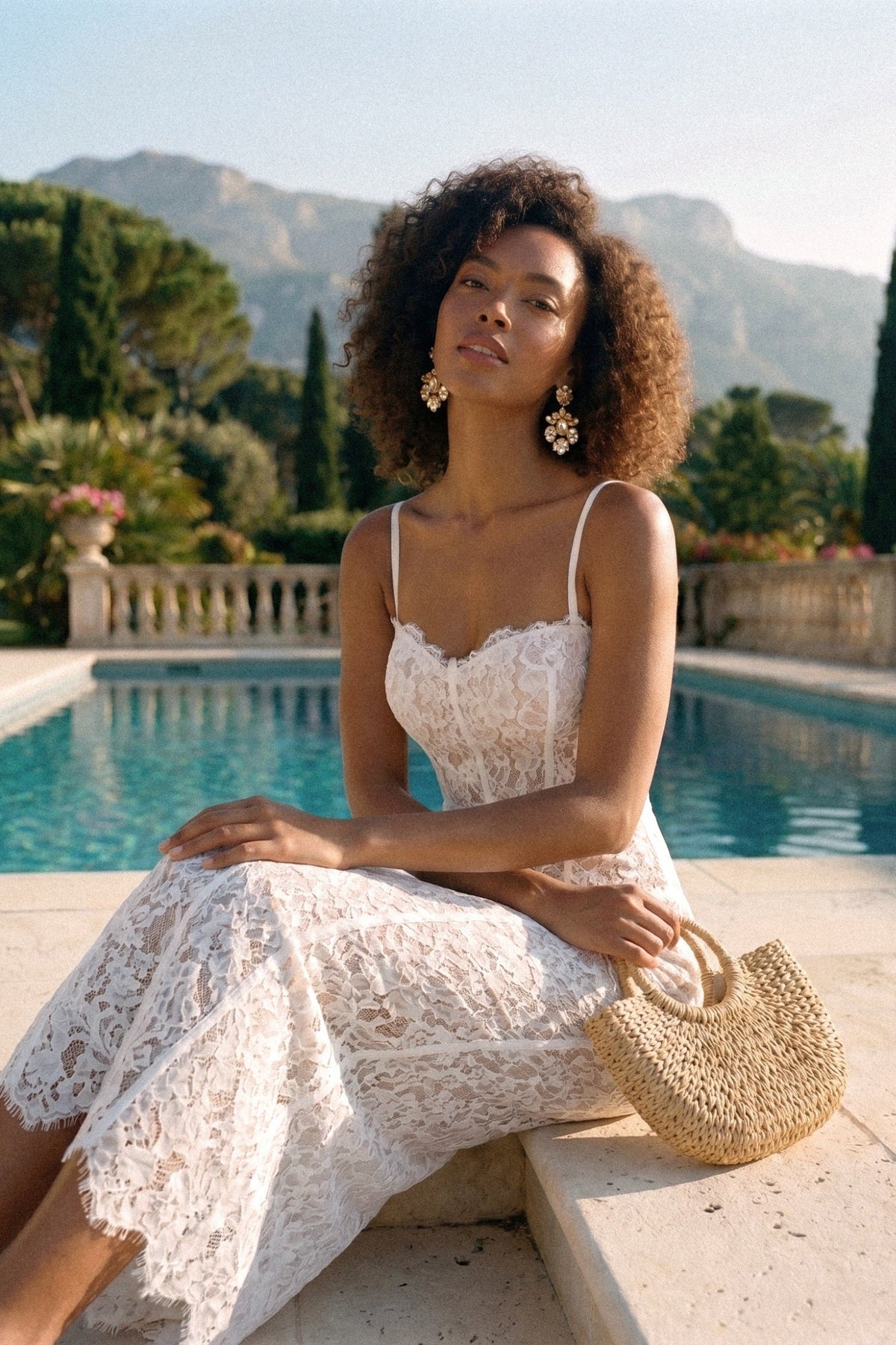 Lace Midi Dress With Sheer Corset Bodice - White - View 3