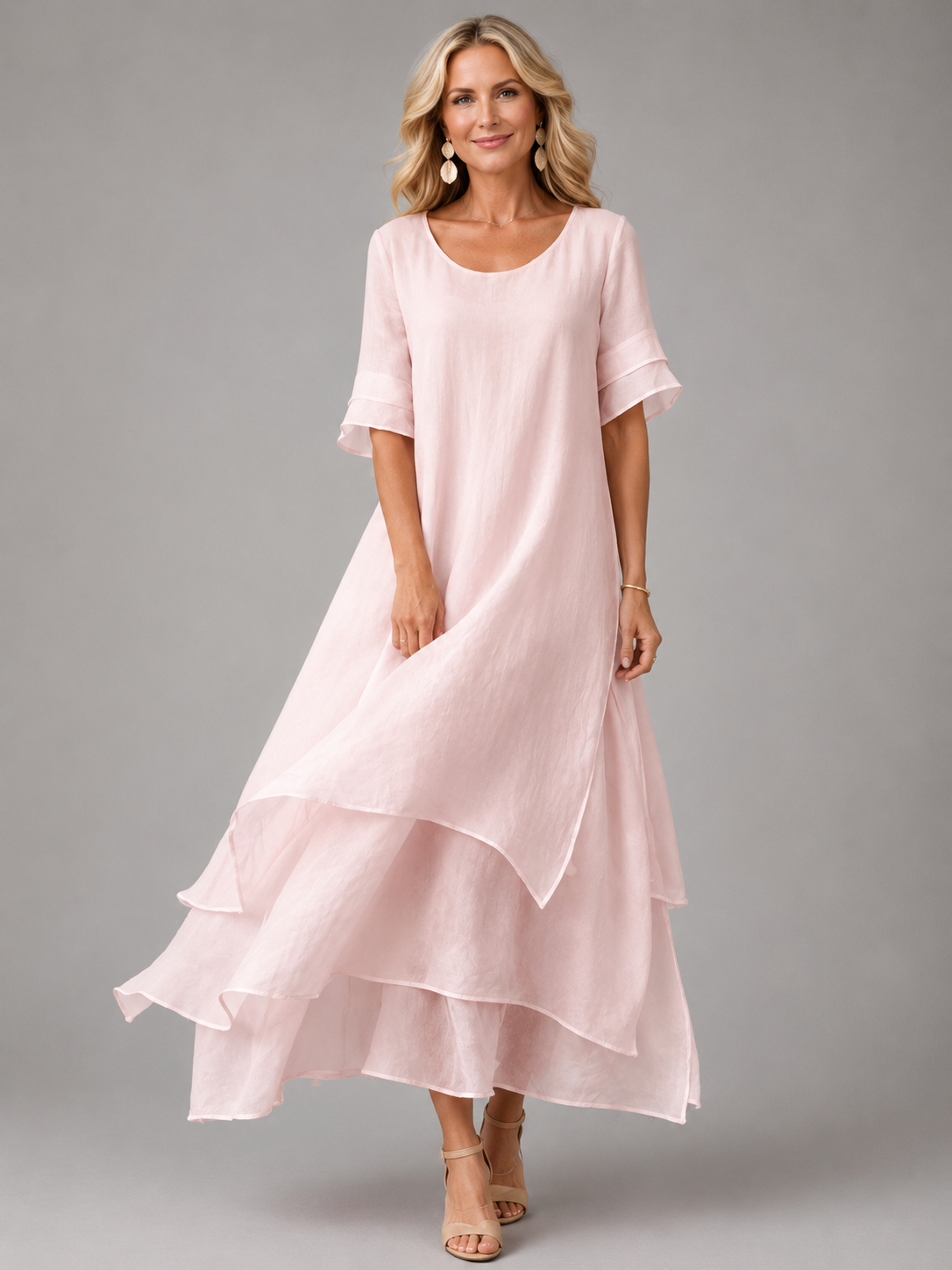 Round Neck Flounce Sleeve Layered Tiered Chiffon Maxi Dress