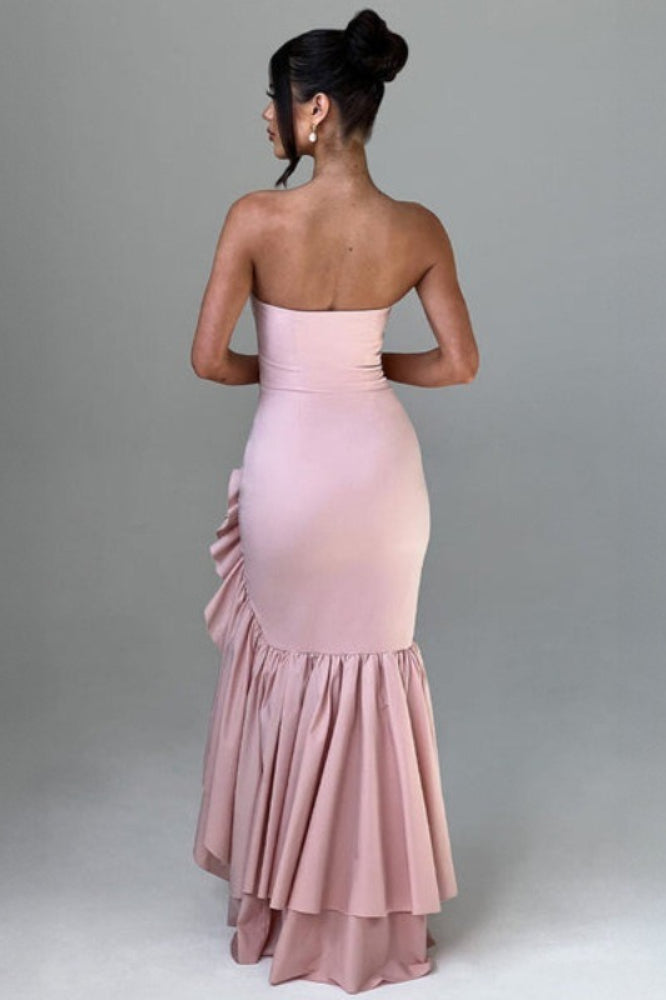 Strapless Corset Ruched Ruffle Hem Mermaid Maxi Dress 2
