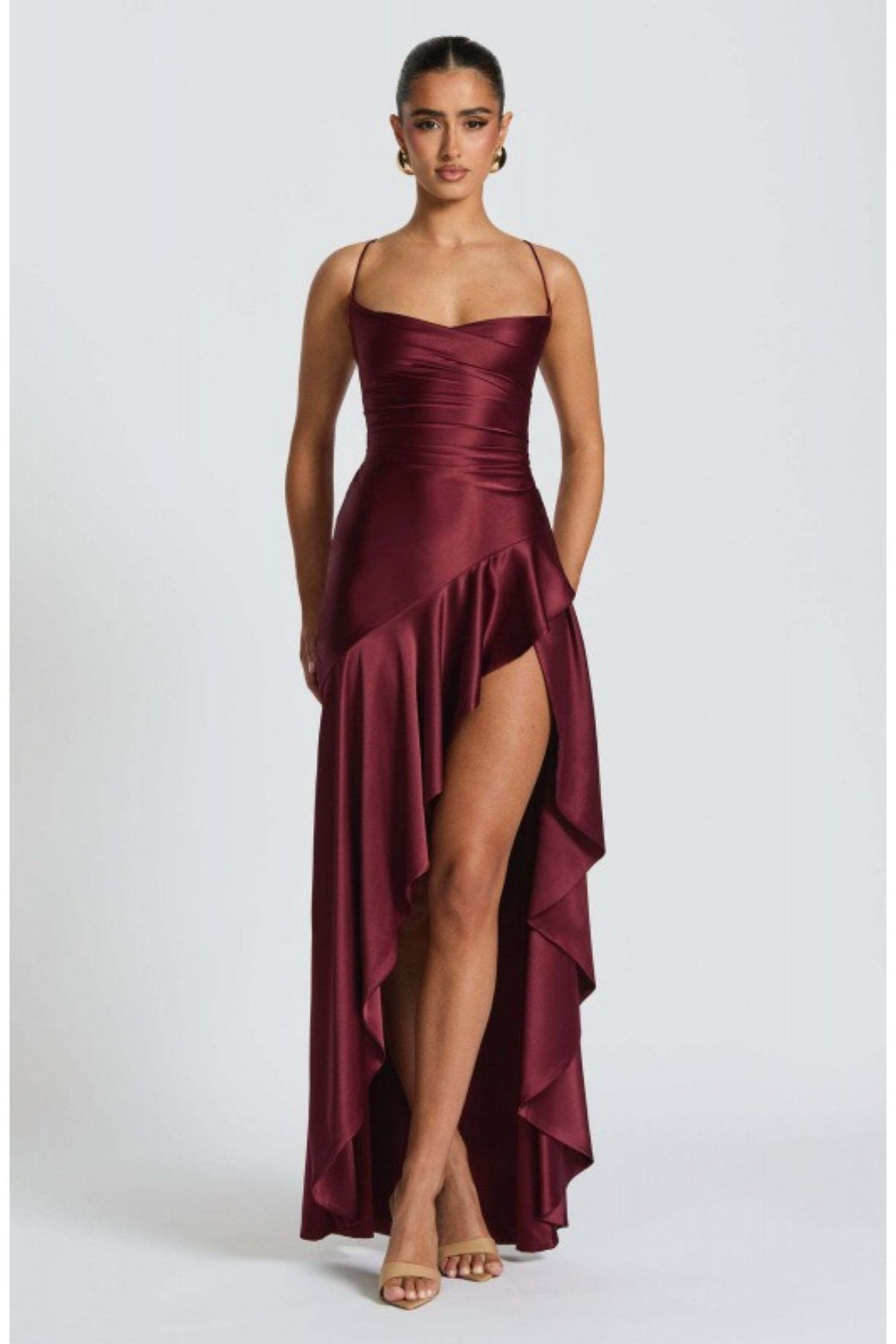 Satin Cowl Neck Spaghetti Strap Ruffle High Split Slip Maxi Dress - View 9