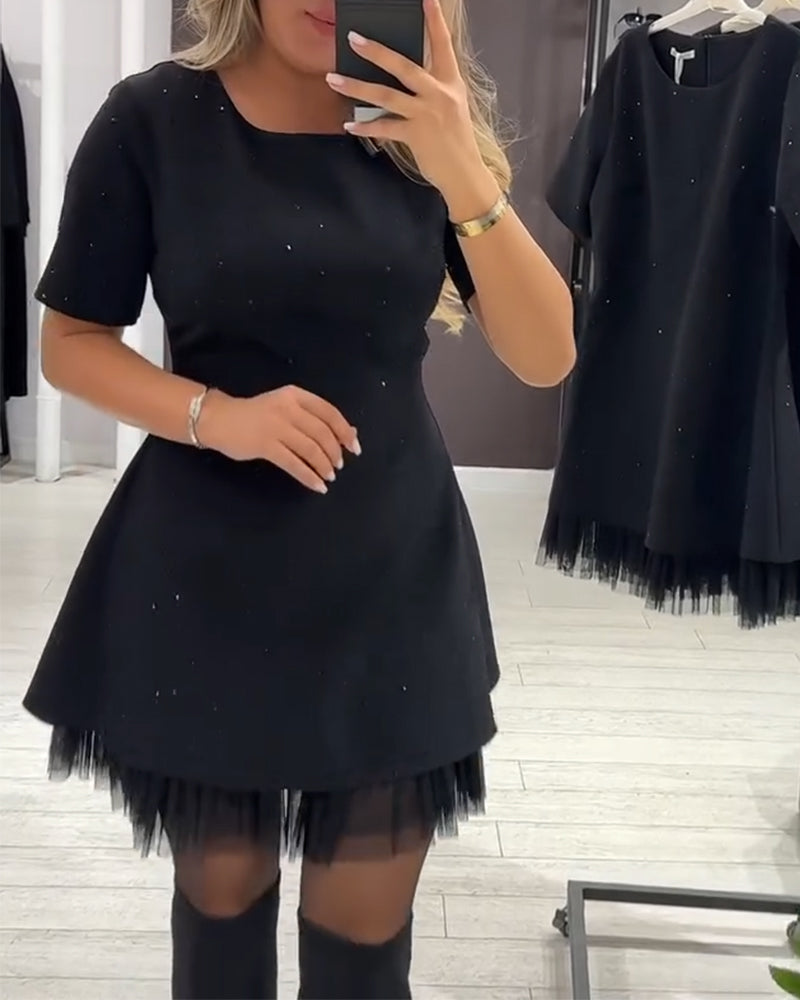 Rhinestone Tulle Hem Short Sleeve Fit and Flare Mini Dress 9