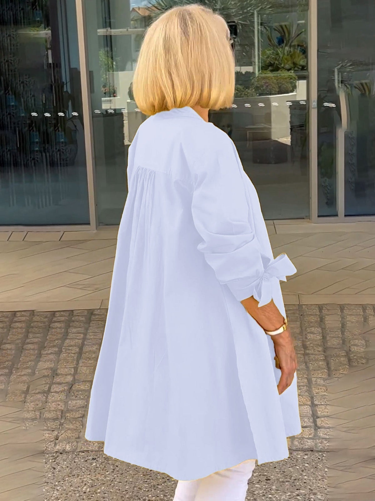 Band Collar Roll Sleeve Button Longline Shirt Jacket 14