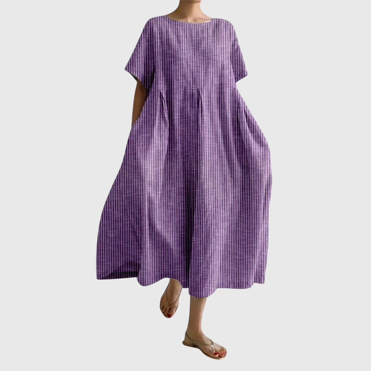 Striped Round Neck Short Sleeve Pleated Maxi Dress 6