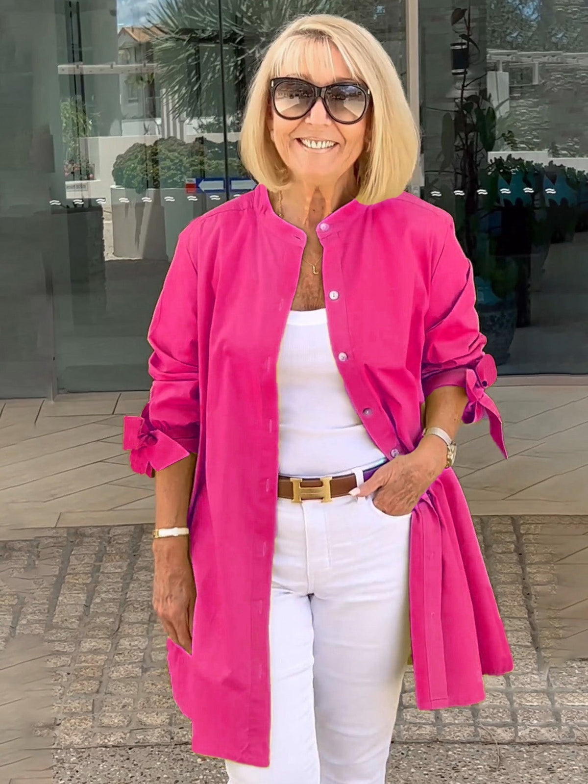 Band Collar Roll Sleeve Button Longline Shirt Jacket 9