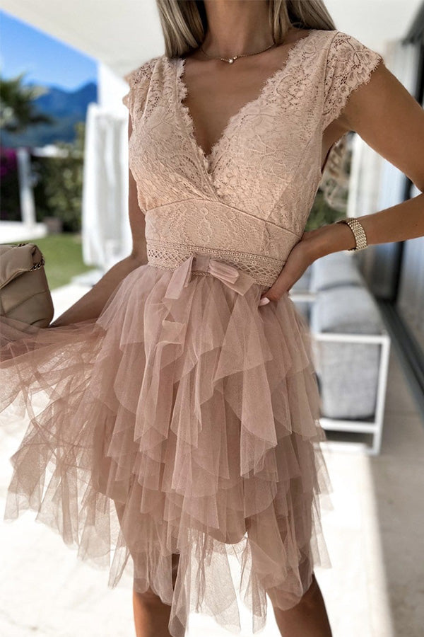 Lace V-Neck Tiered Tulle Fit and Flare Mini Dress - View 8