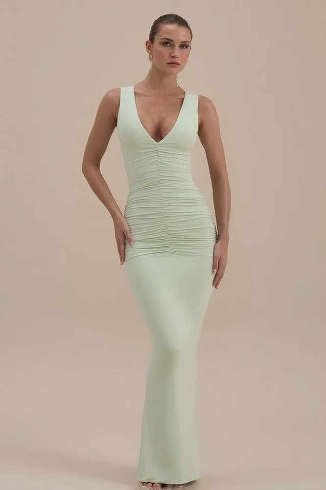 V-Neck Sleeveless Ruched Bodycon Maxi Dress - View 7