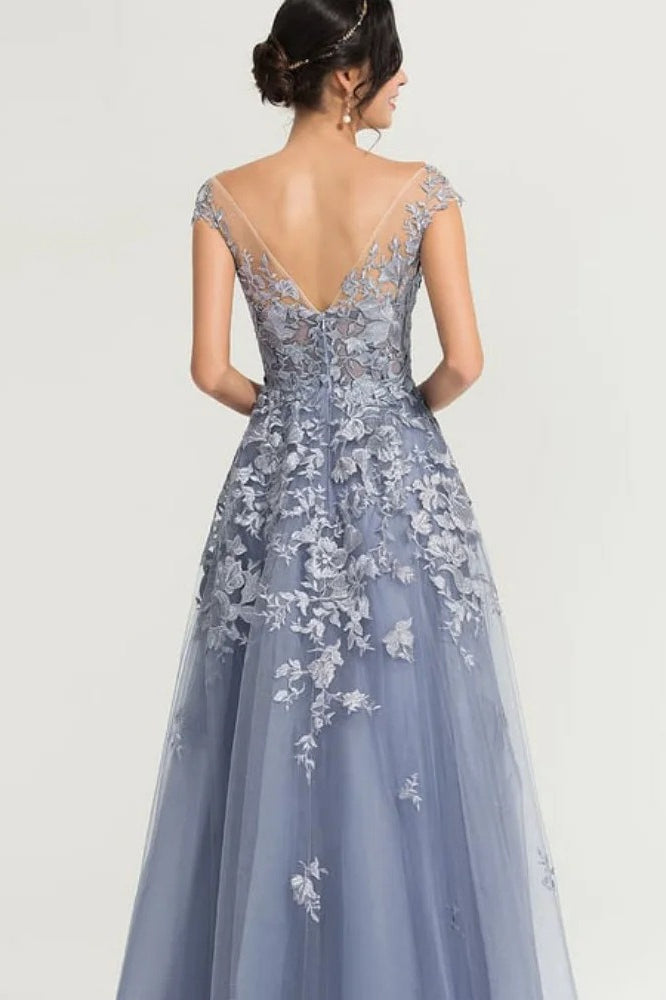 Cap Sleeve Illusion Floral Lace A-Line Tulle Gown 2
