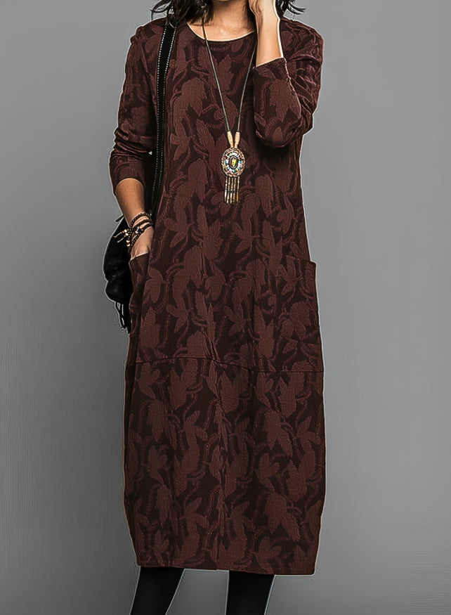 Leaf Jacquard Long Sleeve Crew Neck Pocket Shift Midi Dress - View 2
