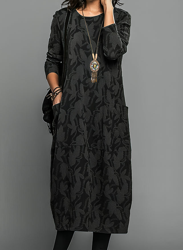 Leaf Jacquard Round Neck Long Sleeve Pocket Midi Dress 4