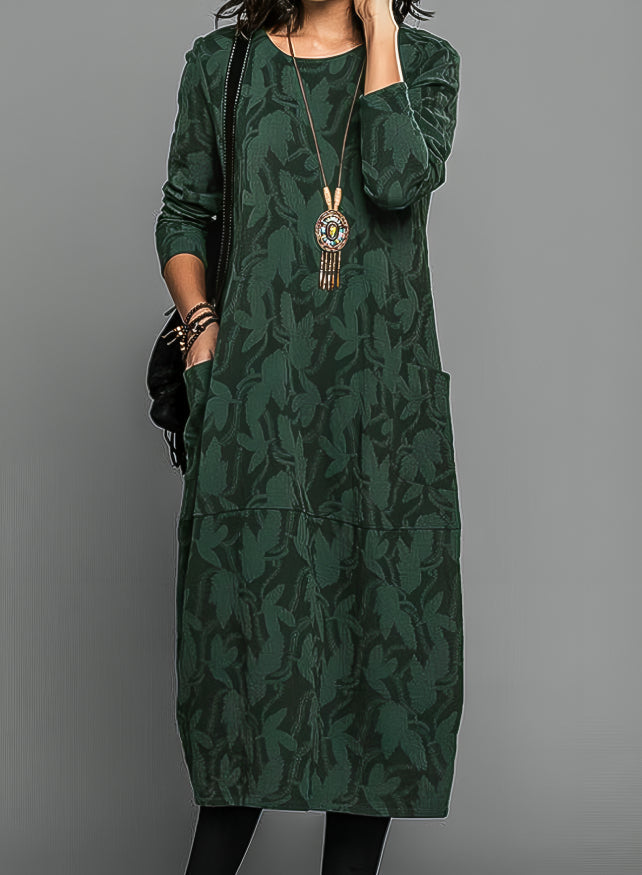 Leaf Jacquard Crew Neck Long Sleeve Patch Pocket Shift Midi Dress