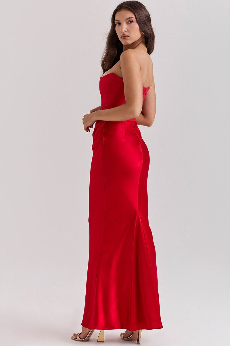 Strapless Corset Draped Satin Mermaid Maxi Gown - View 8
