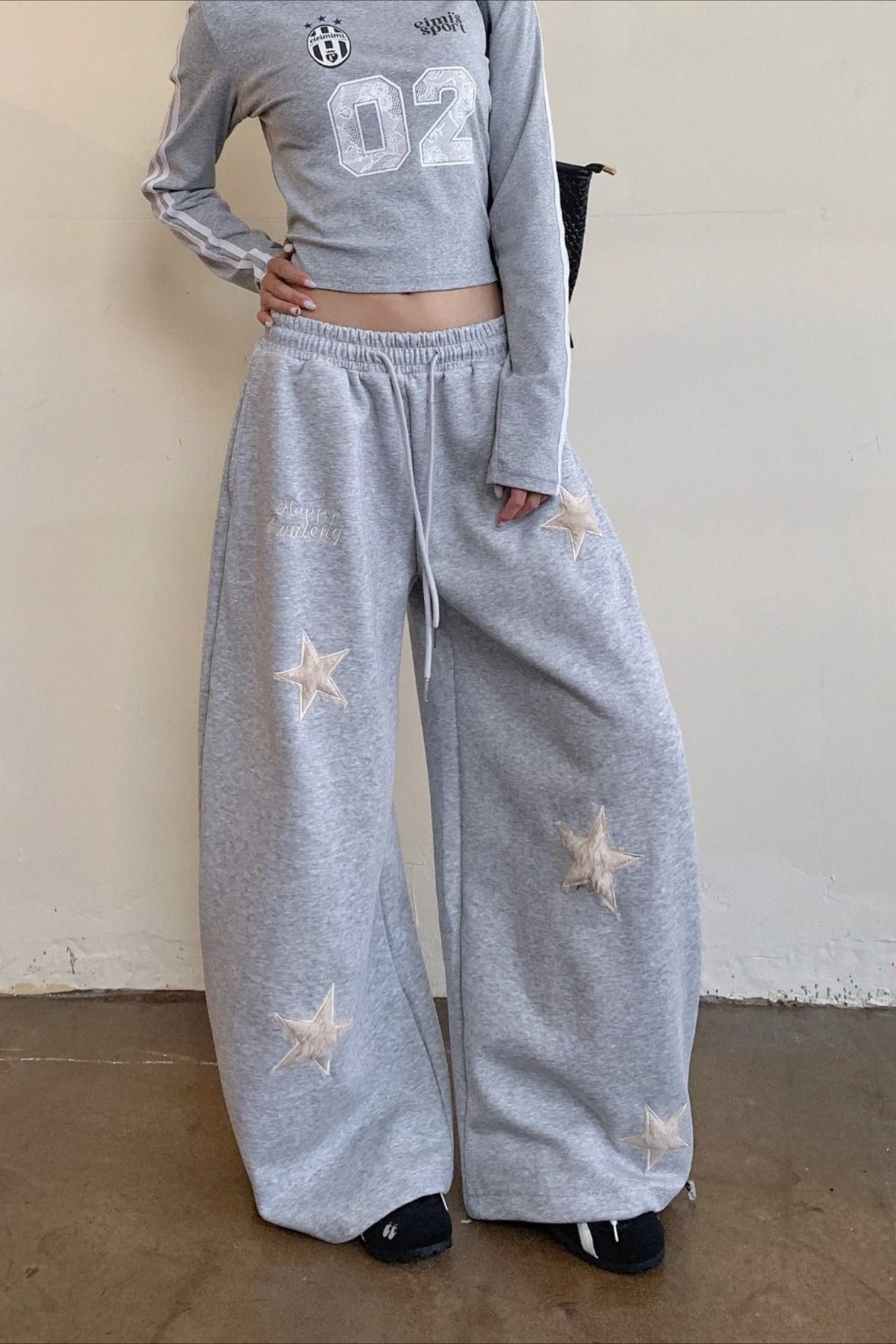 Vintage Star Embroidered Gray Loose Wide Leg Pants