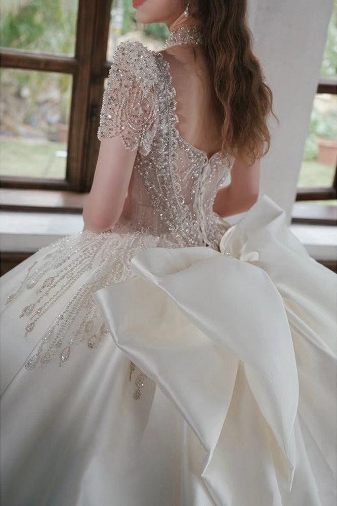 Sequin Beaded Mock Neck Puff Sleeve Cathedral Train Ball Gown - View 4