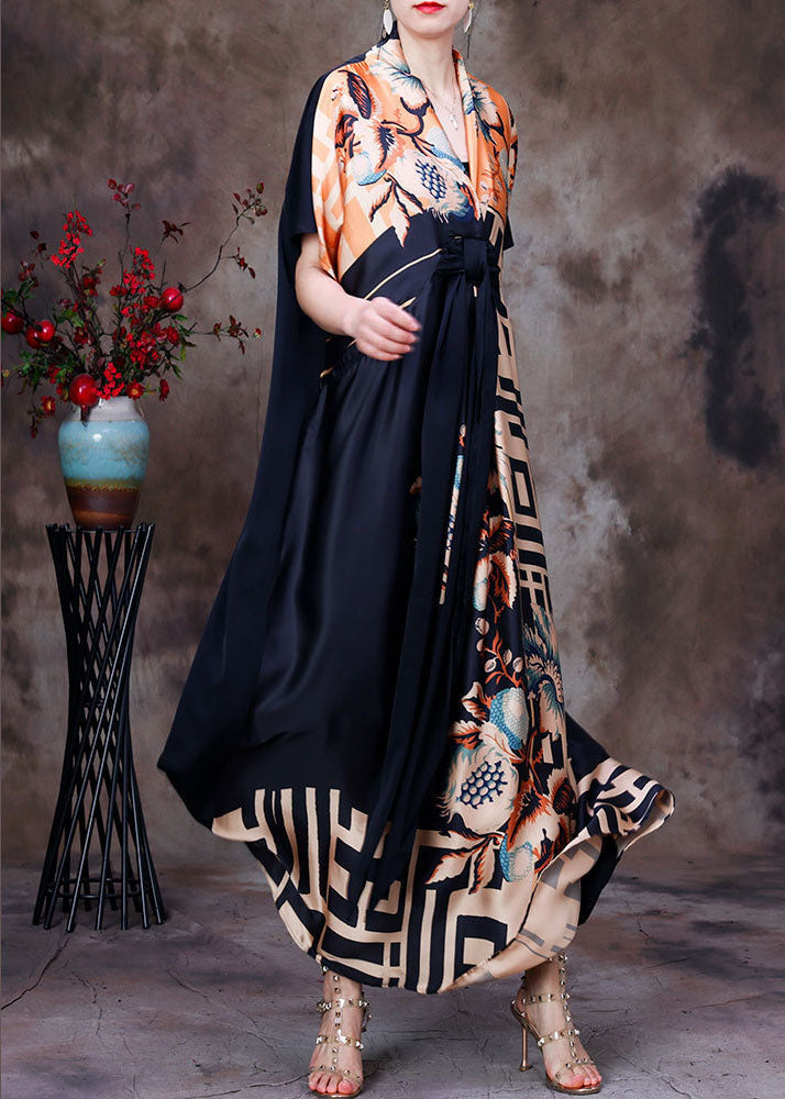 Satin Mixed Print Wrap Deep V-Neck Short Sleeve Tie Waist Maxi Dress - View 3
